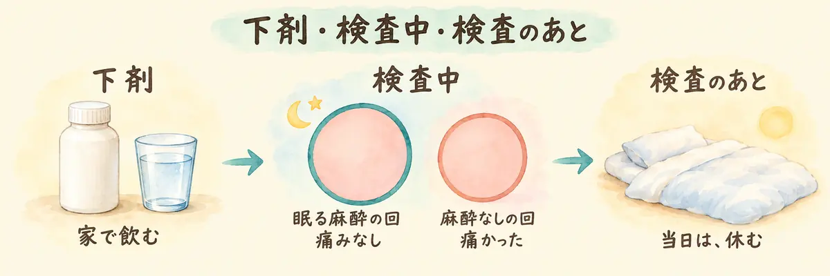 大腸カメラを受ける日を、下剤・検査中・検査のあとの3つに分けて並べた図