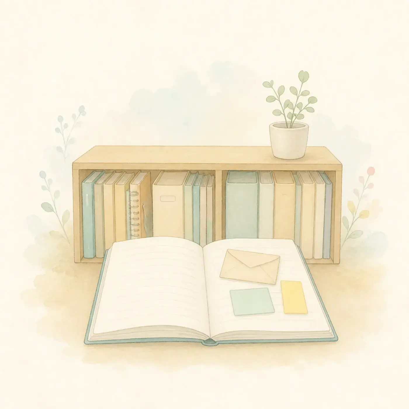 積み重なった記録を読み返す人物を描いた水彩イラスト