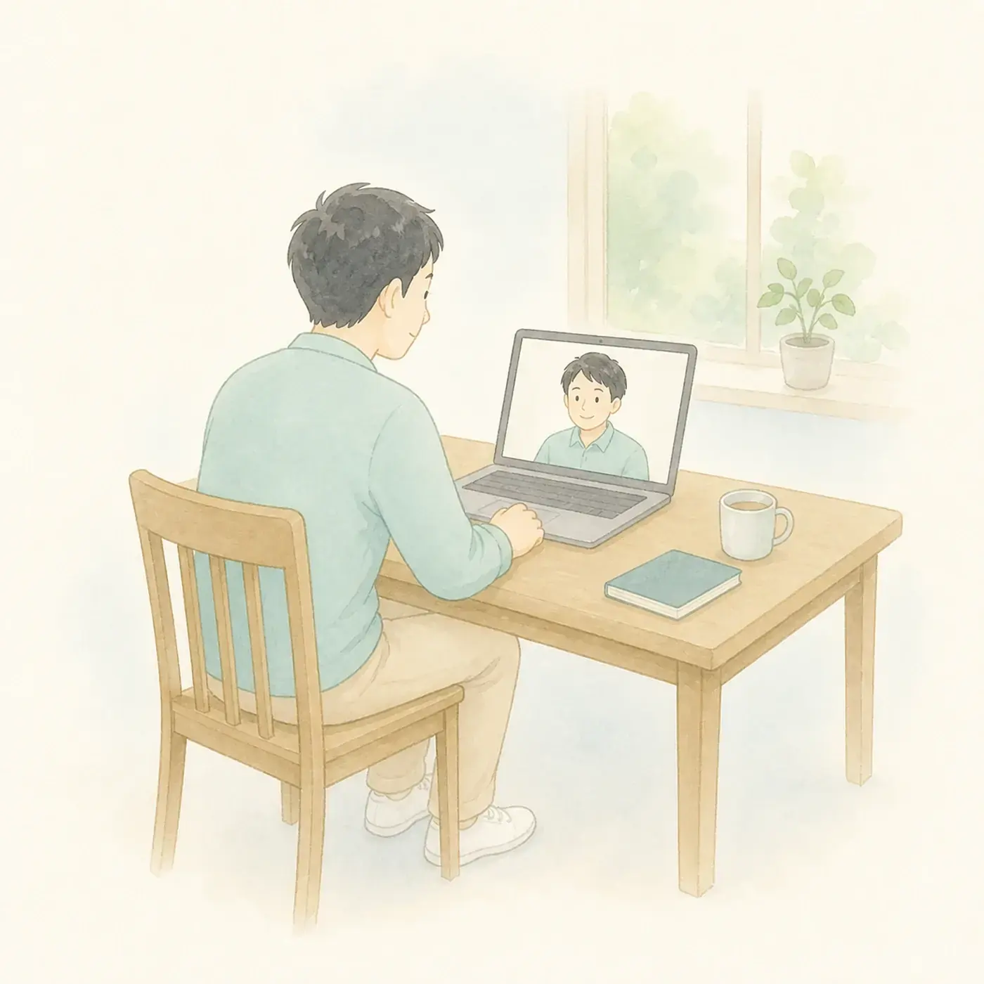画面越しにおだやかに話す二人を描いた水彩イラスト