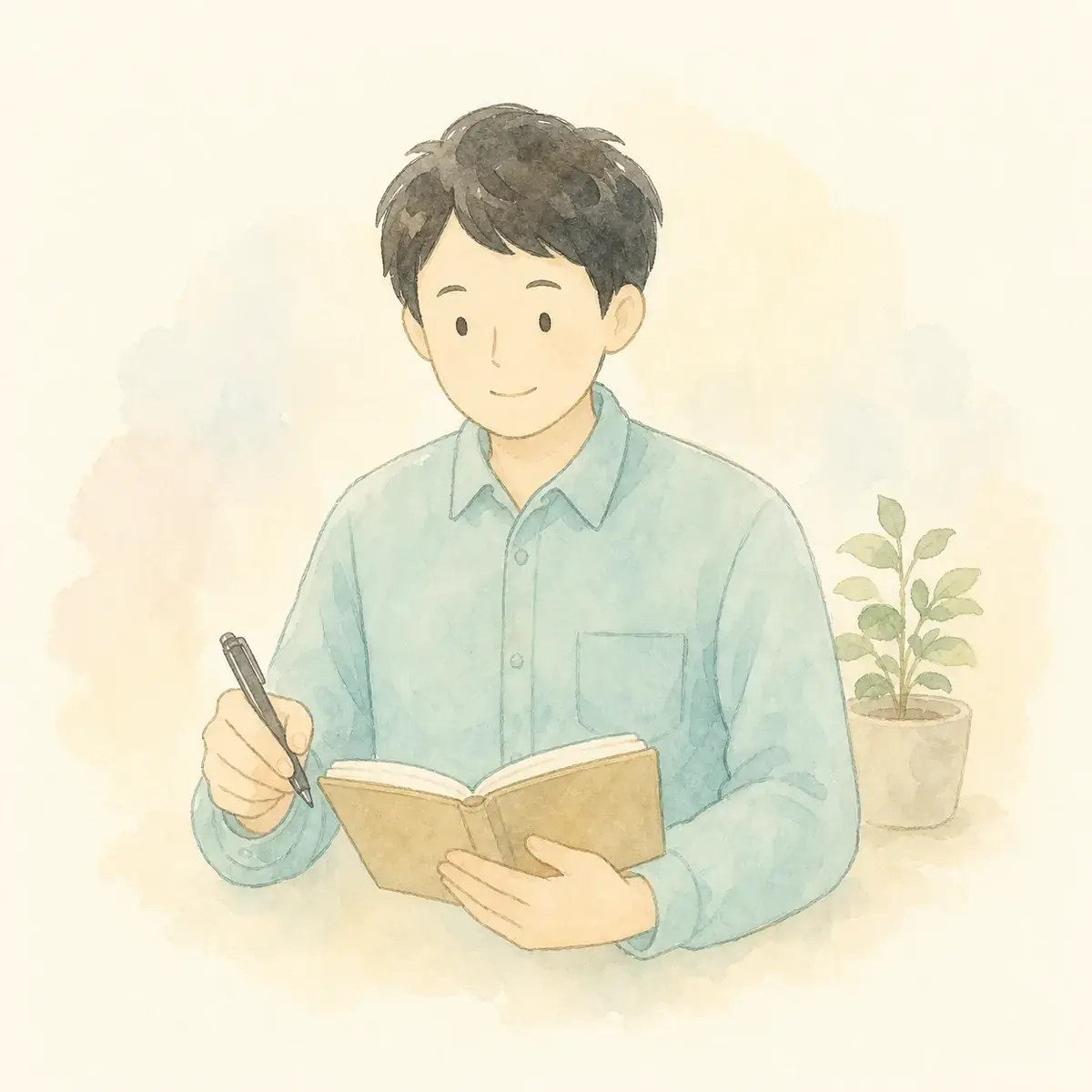 ノートとペンを持った運営者たかの水彩イラスト