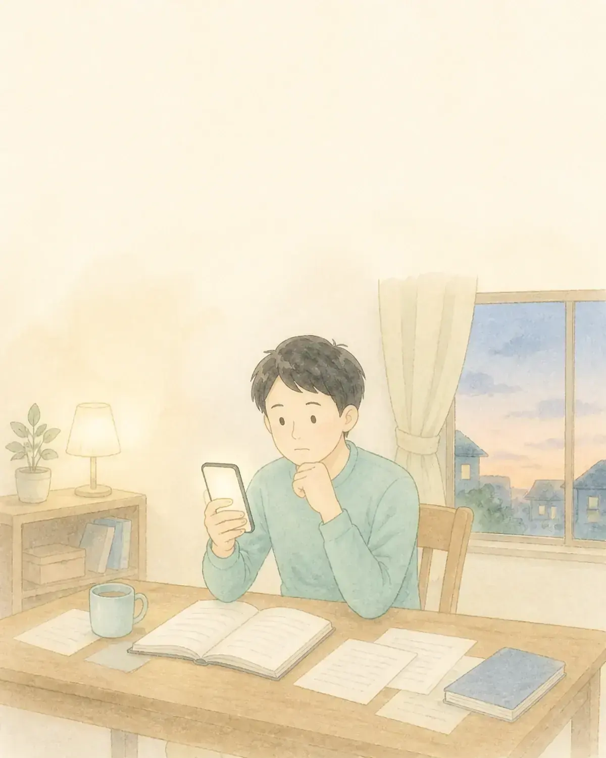 夕方の部屋でスマートフォンを見つめて考え込む人物の水彩イラスト